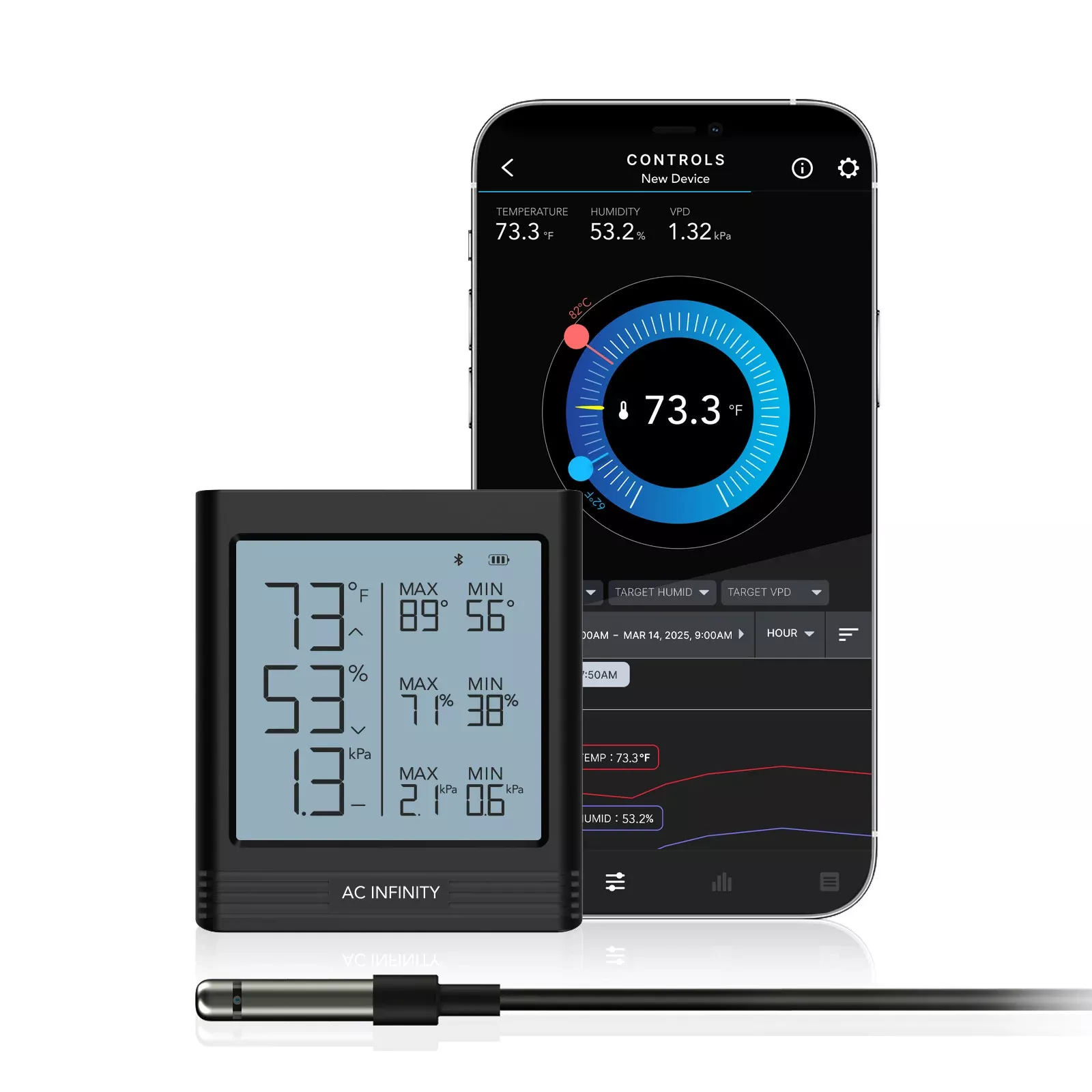 AC Infinity Smart Thermo-Hygrometer B1 with 12' Sensor