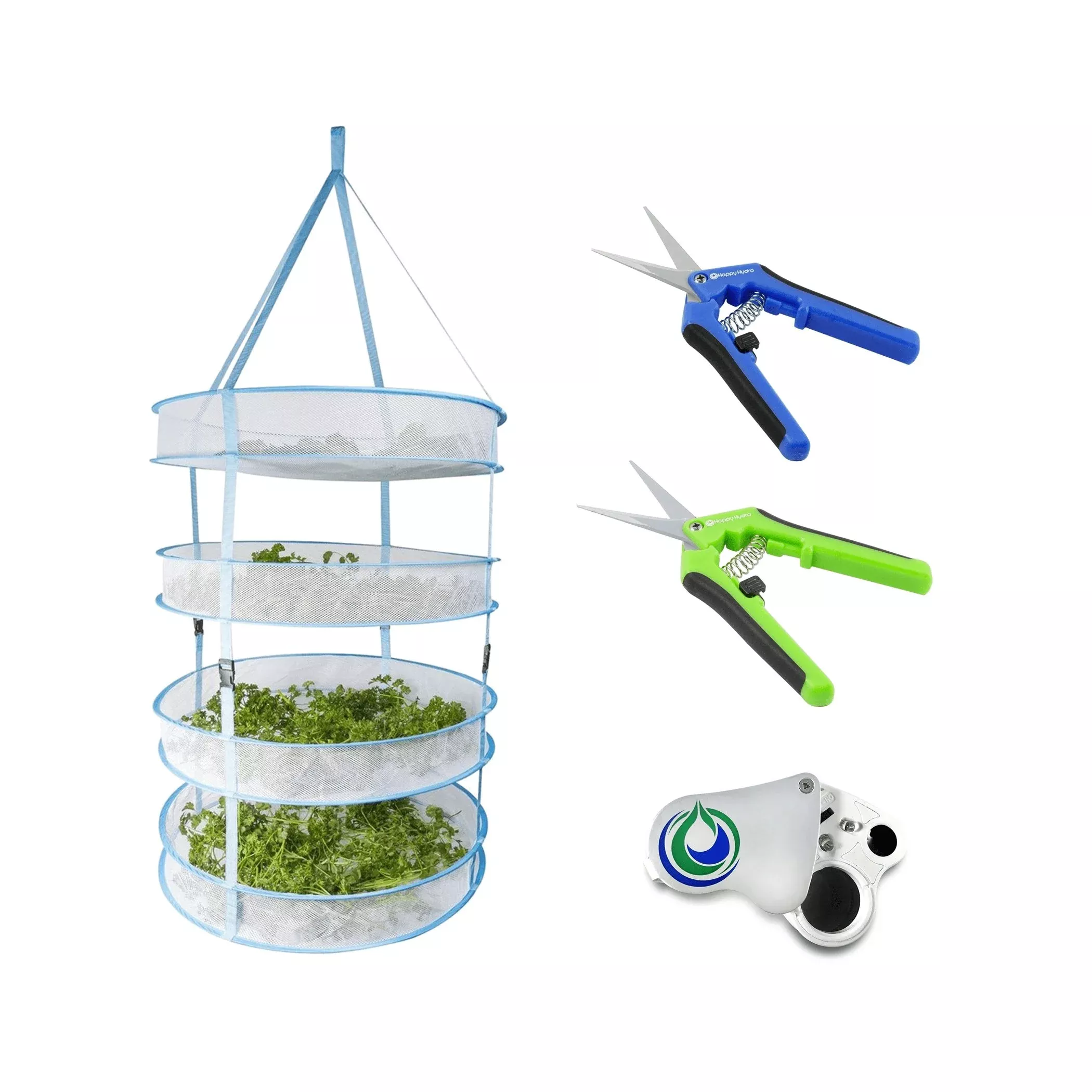 Happy Hydro Trimming & Drying Kit 4-Tier Drying Rack Bundle Trimming Scissors LED Loupe